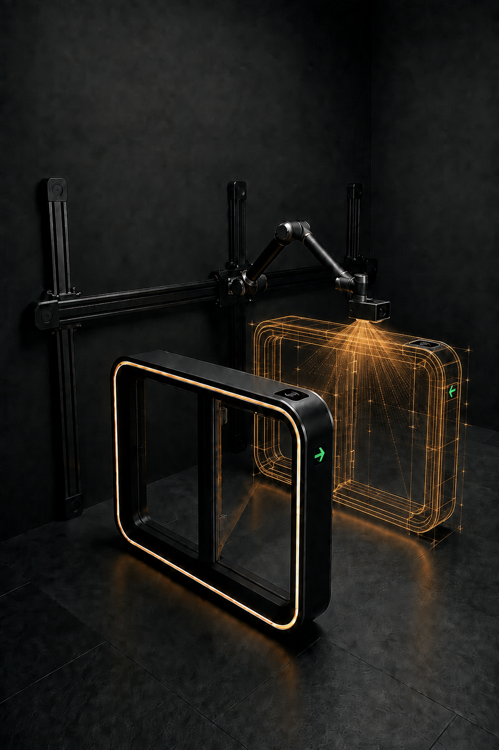Illustrative engineering study: an optical scanner traces the right-hand gate as an amber wireframe beside its matching solid counterpart, with paired reader panels and green entry indicators.