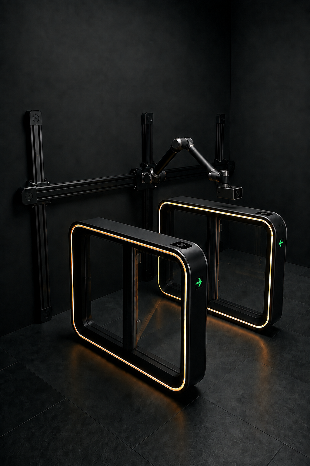 The same fictional gate pair fully resolved: symmetrical housings, matching reader lenses, green inward entry arrows and an optical scanning head above.