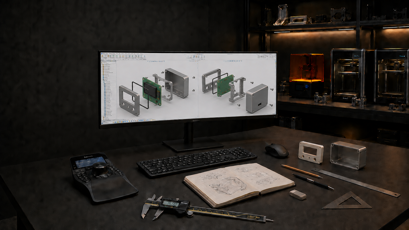 Illustrative CAD studio with two exploded views of a five-part electronic enclosure including bezel, seal, PCB/display and internal carrier, matching printed and metal prototypes, a centred monitor stand, right-side mouse, SpaceMouse controller, pencil, pen, eraser, separate ruler and set square, Mitutoyo-style digital caliper, and SLA and FDM printers.