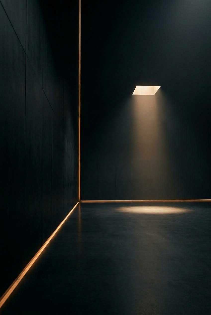 A vast dark room with a thin amber light seam and a shaft of warm light.